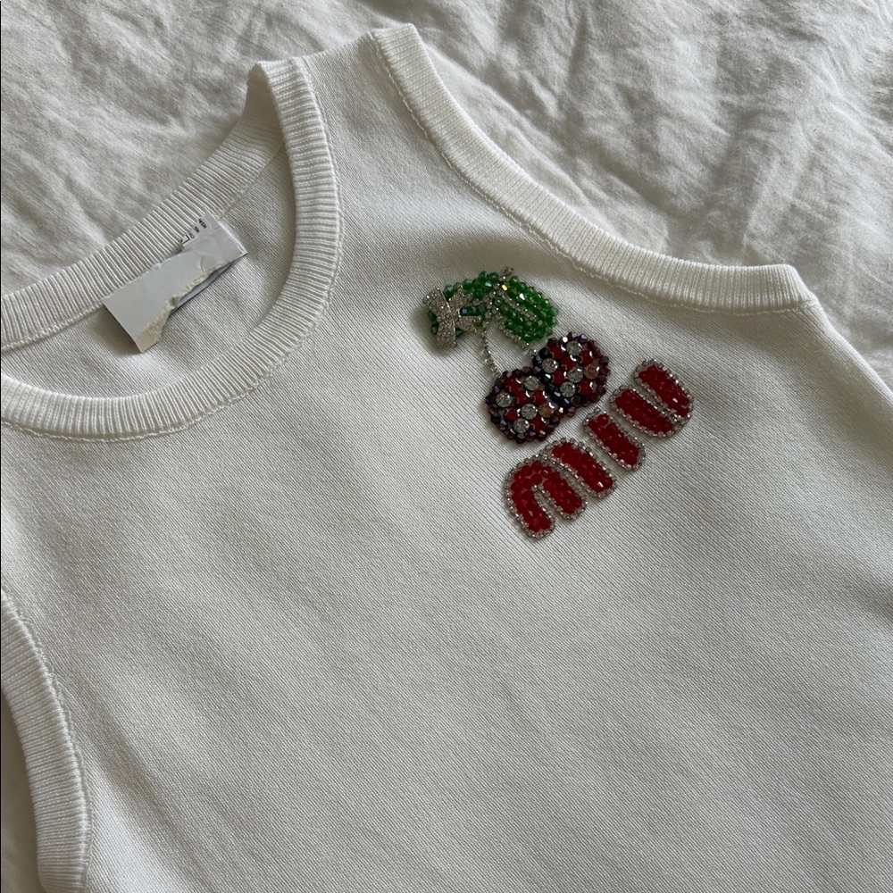 MM White Beaded Cherry Graphic Tank Top
